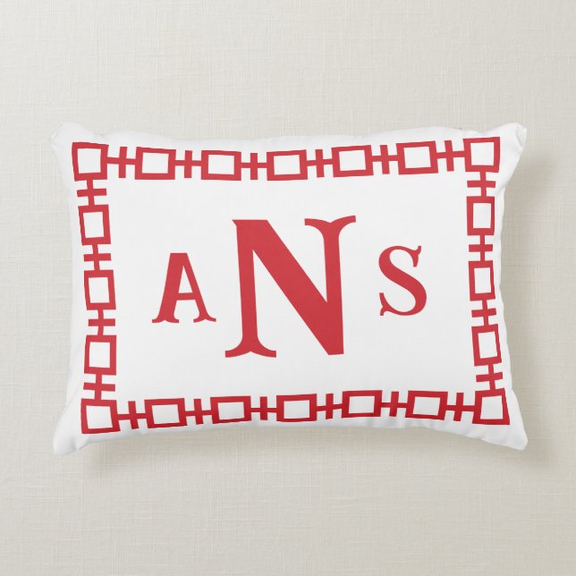 Cherry Red Square Greek Key Monogram Accent Pillow (Front)