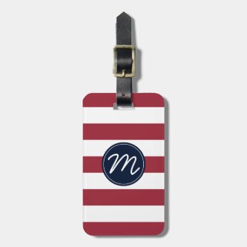 Cherry Red Stripe With Navy Blue Monogram Luggage Tag by StripyStripes at Zazzle