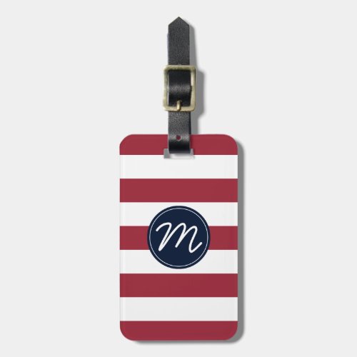 Cherry Red Stripe with Navy Blue Monogram Luggage Tag