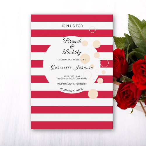 Cherry Red Stripes Brunch  Bubbly Bridal Shower Invitation