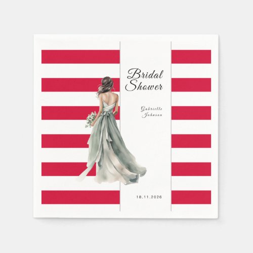 Cherry Red Stripes Watercolor Bridal Shower Napkins