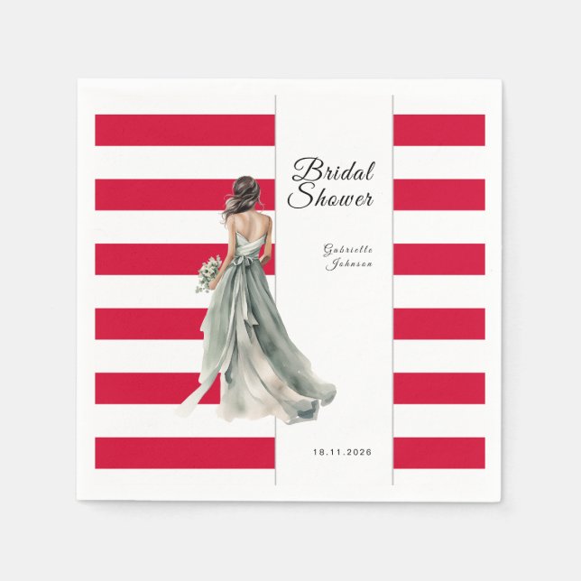 Cherry Red Stripes Watercolor Bridal Shower Napkins (Front)