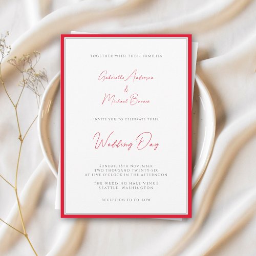 Cherry Red Traditional Simple Elegant Wedding Invitation