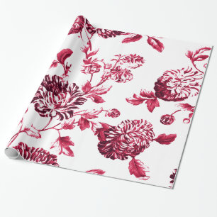 Cherry Red Vintage Botanical Floral Toile Wrapping Paper