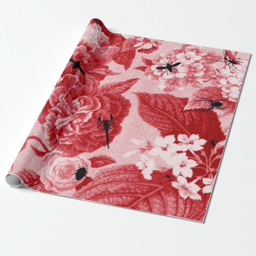 Cherry Red Vintage Botanical Floral Toile Wrapping Paper