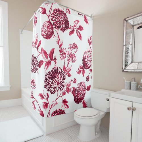 Cherry Red Vintage Floral Toile No2 Shower Curtain