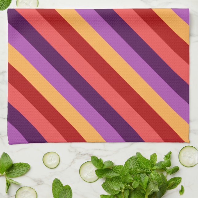 Cherry Red Violet Stripes Kitchen Towel (Folded)