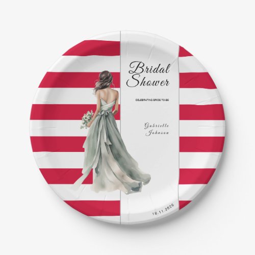 Cherry Red Vivid Stripes Watercolor Bridal Shower Paper Plates