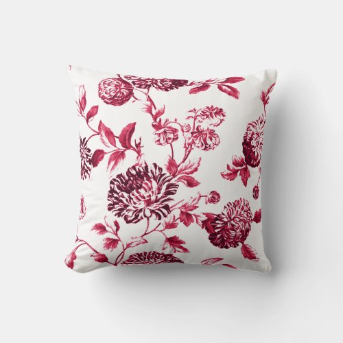 Cherry Red  White Floral Toile No2 Throw Pillow