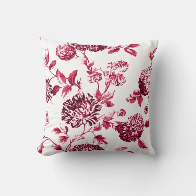Cherry Red & White Floral Toile No.2 Throw Pillow (Front)