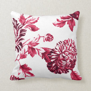 Cherry Red & White Floral Toile No.2 Throw Pillow