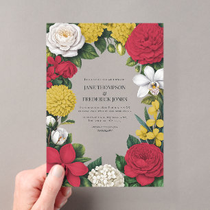 Cherry Red, White & Gold Floral Wedding Acrylic Invitations