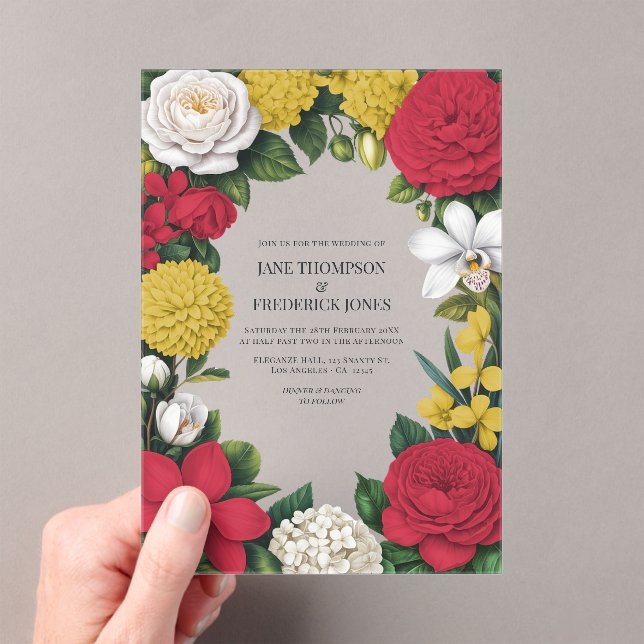 Cherry Red, White & Gold Floral Wedding Acrylic Invitations (Insitu (Handheld))