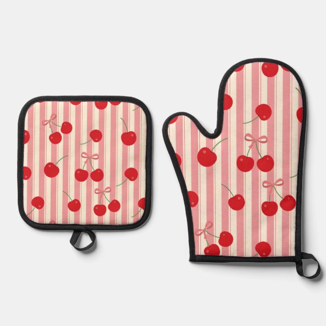 Cherry Ribbon Stripe Oven Mitt & Pot Holder Set (Front)