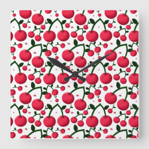 Cherry Seamless Pattern, Red Fruit Pattern, Cute C Square Wall Clock