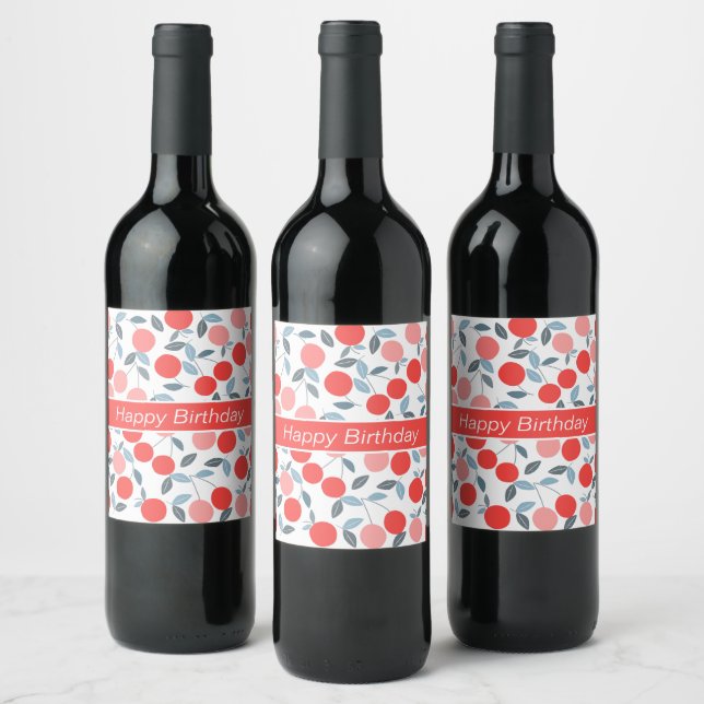 Cherry season modern patterns happy birthday  wine label (Bottles)
