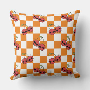 Cherry Skull Checkerboard – Cute Kawaii Vibes Throw Pillow