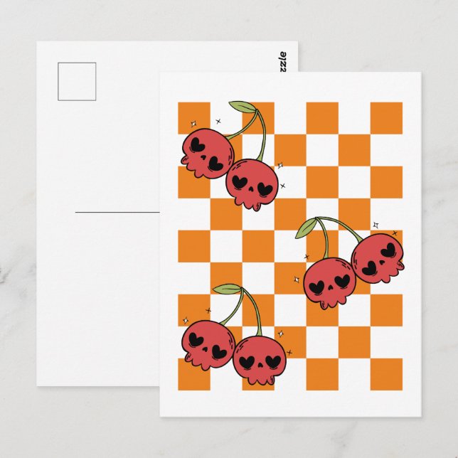 Cherry Skull Checkerboard – Punk Wall Art Postcard (Front/Back)
