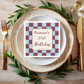 Cherry sky blue checks modern birthday party napkins
