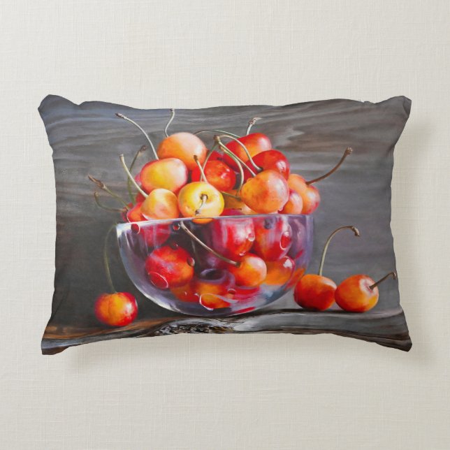 Cherry Still Life in Glass Stretched Canvas Print Accent Pillow (Front)