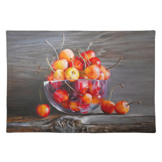 Cherry Still Life in Glass Stretched Canvas Print Cloth Placemat