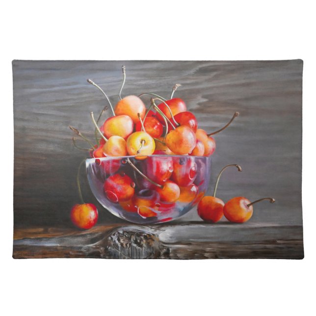 Cherry Still Life in Glass Stretched Canvas Print Cloth Placemat (Front)
