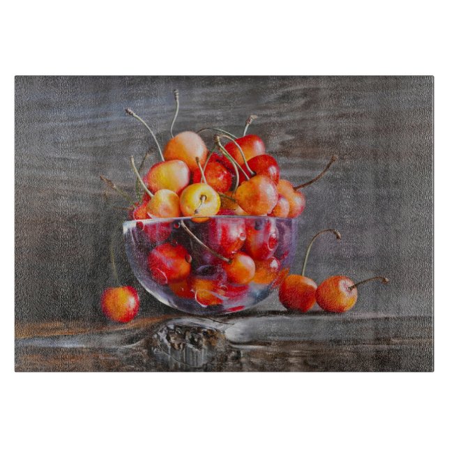 Cherry Still Life in Glass Stretched Canvas Print Cutting Board (Front)