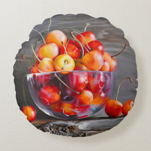 Cherry Still Life in Glass Stretched Canvas Print Round Pillow