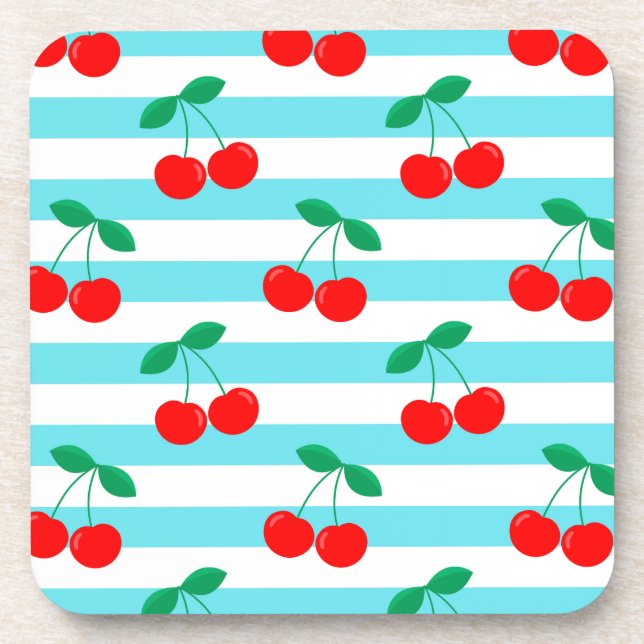 Cherry Stripe Pattern – Retro Fruit Gift & Decor Beverage Coaster (Front)