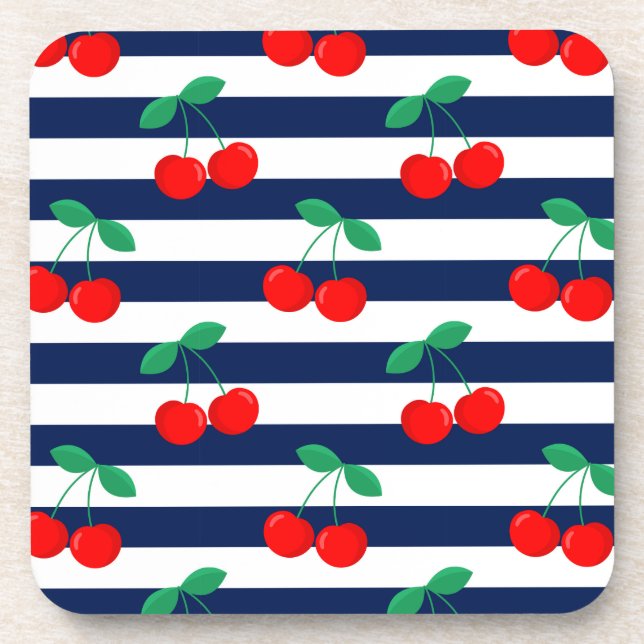 Cherry Stripe Pattern – Retro Fruit Gift & Decor Beverage Coaster (Front)