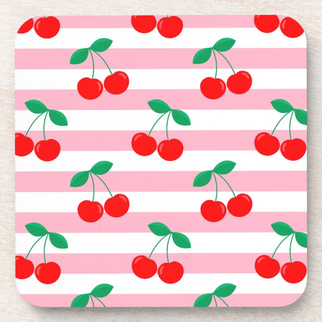 Cherry Stripe Pattern – Retro Fruit Gift & Decor Beverage Coaster (Front)