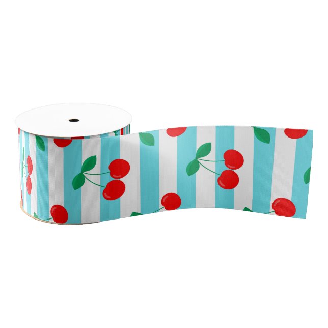 Cherry Stripe Pattern – Retro Fruit Gift & Decor Grosgrain Ribbon (Spool)
