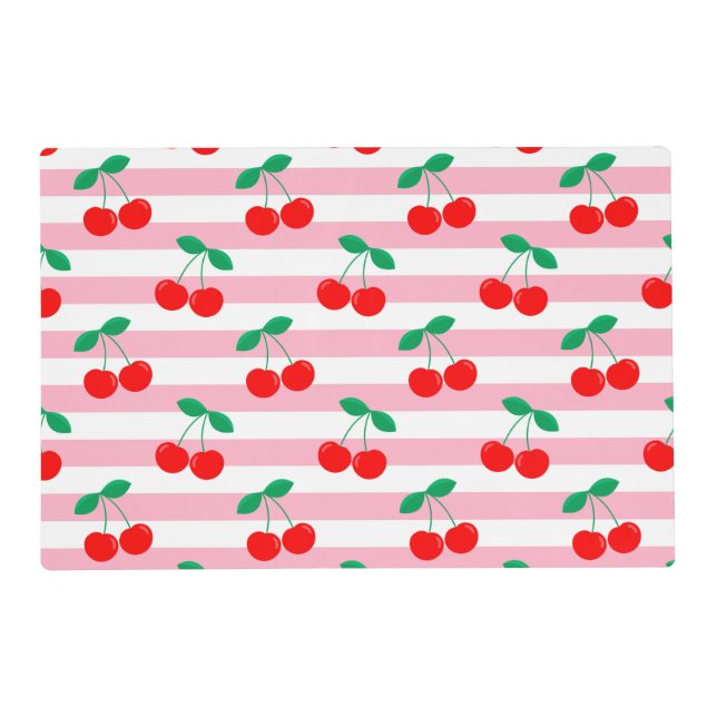 Cherry Stripe Pattern – Retro Fruit Gift & Decor Placemat (Front)