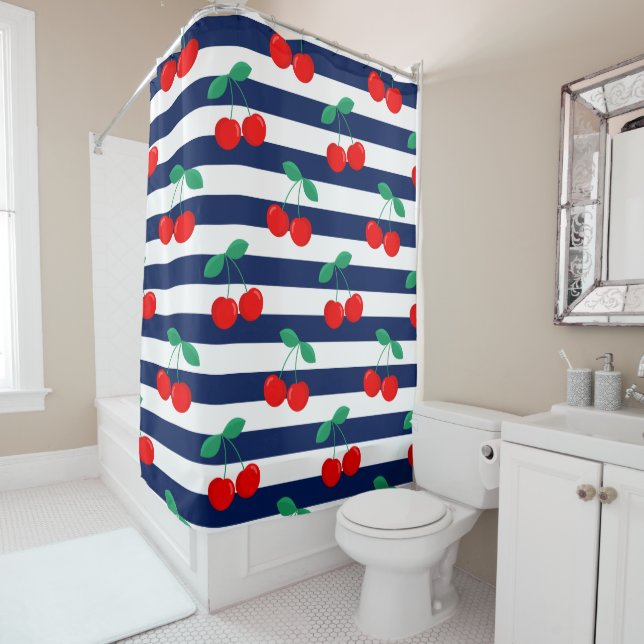 Cherry Stripe Pattern – Retro Fruit Gift & Decor Shower Curtain (In Situ)