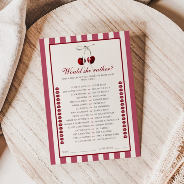 Cherry Striped Bridal Shower Would She Rather Card (Creator Uploaded)