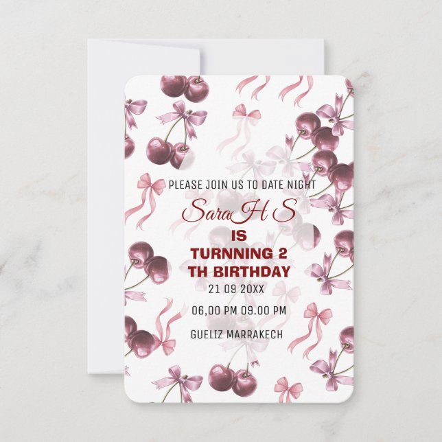 Cherry Sweet Birthday Party Invitation, Cherry Bow Invitation (Front)