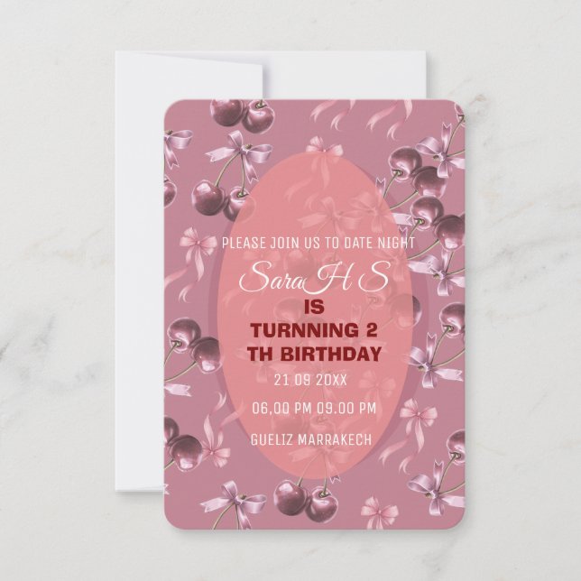 Cherry Sweet Birthday Party Invitation, Cherry Bow Save The Date (Front)
