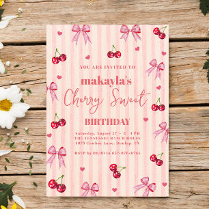 Cherry Sweet Birthday Party pink Bow Girl Invitation