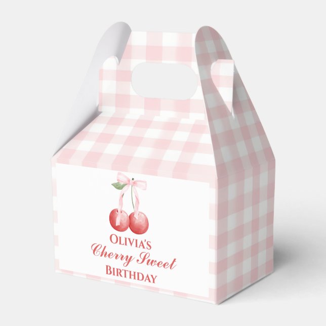Cherry Sweet birthday Pink Bow Gingham Favor Boxes (Front Side)