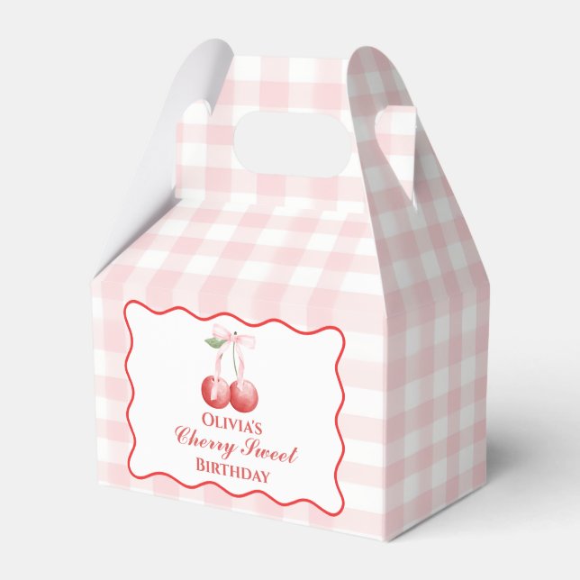 Cherry Sweet birthday Pink Bow Gingham Favor Boxes (Front Side)