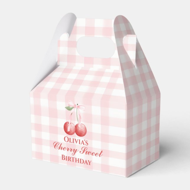 Cherry Sweet birthday Pink Bow Gingham Favor Boxes (Front Side)