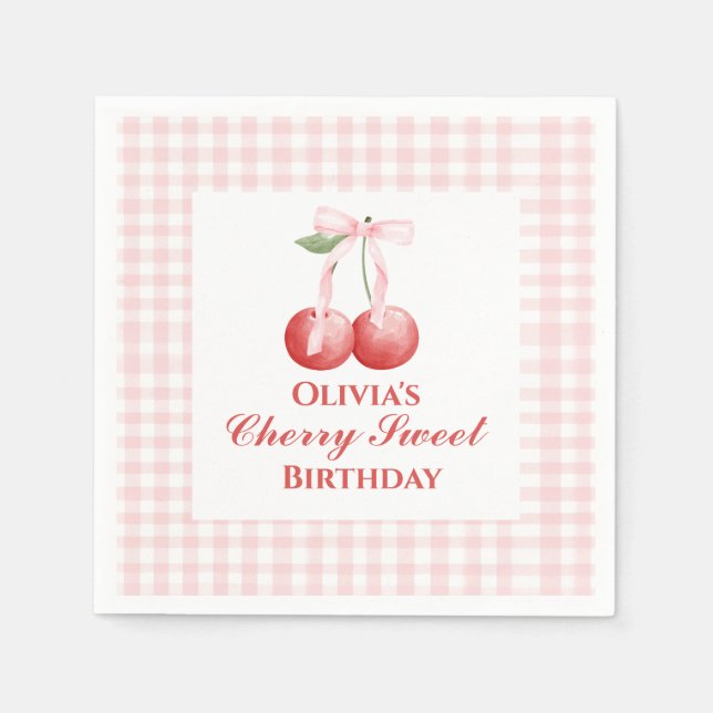Cherry Sweet birthday Pink Bow Gingham Napkins (Front)