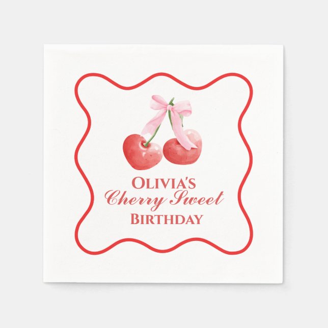 Cherry Sweet birthday Pink Bow Gingham Napkins (Front)
