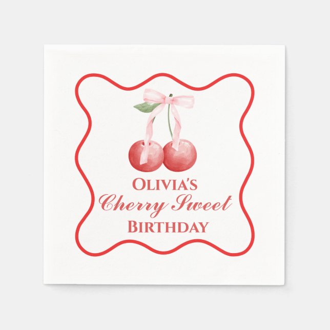 Cherry Sweet birthday Pink Bow Gingham Napkins (Front)