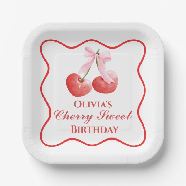 Cherry Sweet birthday Pink Bow Gingham Paper Plates (Front)