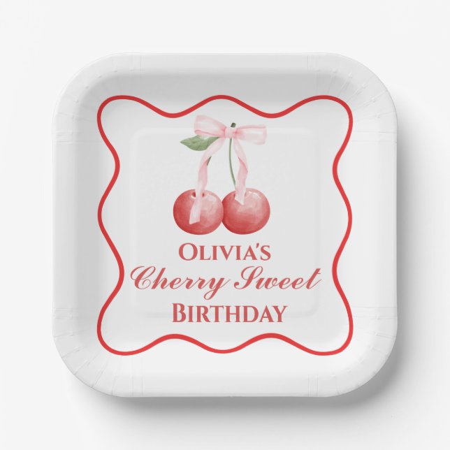 Cherry Sweet birthday Pink Bow Gingham Paper Plates (Front)