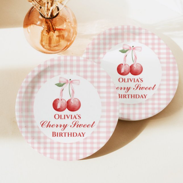 Cherry Sweet birthday Pink Bow Gingham Paper Plates (Creator Uploaded)