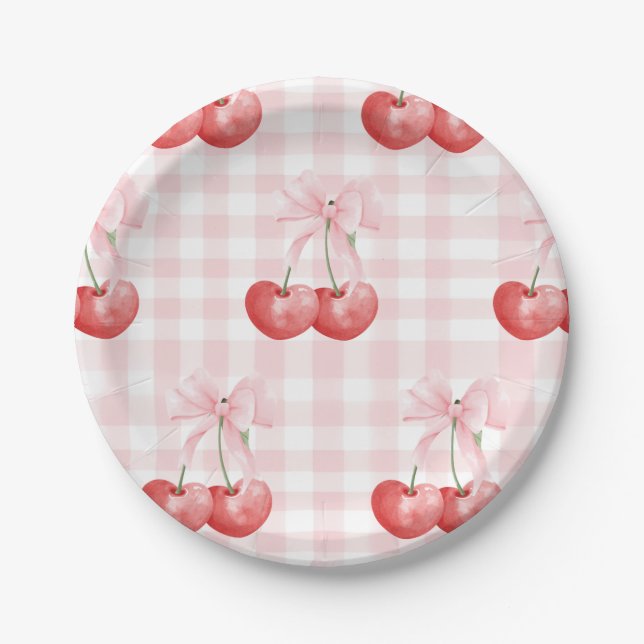 Cherry Sweet birthday Pink Gingham Paper Plates (Front)