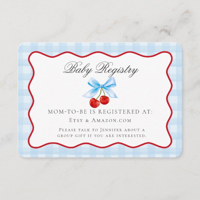 Cherry Sweet Blue Coquette Bow Baby Registry Card (Front)