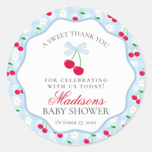 Cherry Sweet Blue Coquette Bow Baby Shower Circle Classic Round Sticker